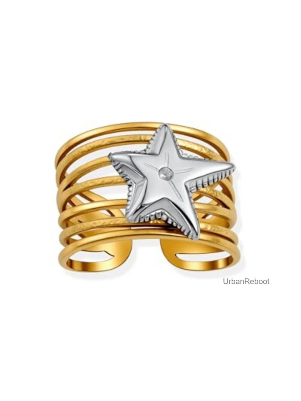 Chunky Two Tone Starfish Ring Gold Plated Brass Adjustable Statement